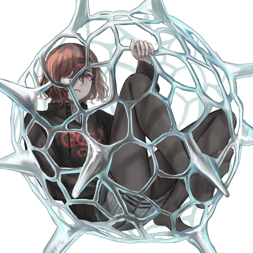 1girl black_jacket black_pantyhose brown_hair cage full_body grey_skirt hair_ornament hair_over_one_eye hairclip hand_up highres higuchi_madoka idolmaster idolmaster_shiny_colors in_cage jacket long_sleeves looking_at_viewer mole mole_under_eye no_shoes object_request pantyhose parted_lips pink_nails pleated_skirt red_eyes short_hair simple_background sitting skirt solo trapped white_background yamaichi_(yama3ichi4)