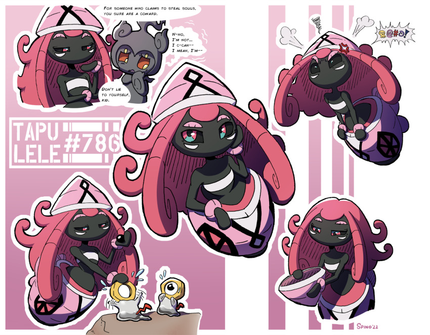 anger_vein angry black_skin bullying colored_skin english_text gen_7_pokemon green_eyes hat legendary_pokemon long_hair looking_at_viewer marshadow meltan mythical_pokemon nintendo no_humans pink_hair pink_hat pokemon pokemon_(creature) red_eyes speech_bubble spino spino_(spinoone) tapu_lele