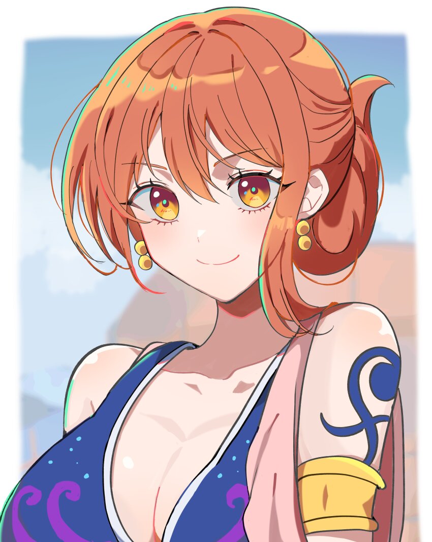 1girl absurdres arabian_clothes arm_tattoo armlet bra breasts cleavage close-up collarbone commentary earrings gold_earrings hair_bun highres jewelry kasuga_kaya large_breasts looking_at_viewer nami_(one_piece) nami_(one_piece)_(alabasta) one_piece orange_eyes orange_hair sidelocks smile smoke solo tattoo underwear upper_body