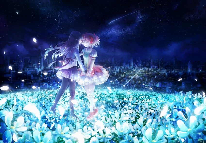 10s 2girls :d ^_^ akemi_homura akemi_homura_(magical_girl) argyle_clothes argyle_legwear bad_id bad_pixiv_id black_hair bow breasts building choker city closed_eyes domik face-to-face field flower flower_field frills gloves hair_ribbon hairband holding_hands kaname_madoka kaname_madoka_(magical_girl) kneehighs long_hair long_sleeves magical_girl mahou_shoujo_madoka_magica mahou_shoujo_madoka_magica_(anime) multiple_girls night night_sky open_mouth outdoors pantyhose petals pink_hair pink_shoes pleated_skirt puffy_short_sleeves puffy_sleeves purple_legwear purple_ribbon red_bow ribbon shoes shooting_star short_sleeves short_twintails skirt sky small_breasts smile socks soul_gem standing star_(sky) starry_sky tears twintails white_flower white_legwear yuri