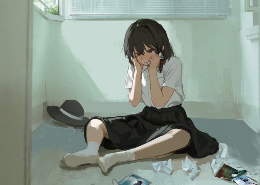1girl aliaos black_hair black_hat black_skirt bow chinese_commentary collared_shirt commentary_request crying crying_with_eyes_open full_body grey_eyes hair_between_eyes hair_bow hands_on_own_face hat hat_ribbon highres holding_tissue indoors medium_skirt on_floor red_bow ribbon sad shirt short_hair short_sleeves sitting skirt socks solo tears torn_photo touhou unworn_hat unworn_headwear usami_renko used_tissue white_ribbon white_shirt white_socks window