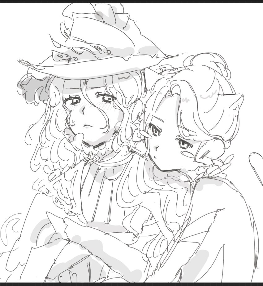 2girls animal_ears blush caroline_bartley cat_ears cat_girl cat_tail crossed_arms face-to-face hat head_on_another&#039;s_shoulder highres hug long_hair messy_hair monochrome multiple_girls parted_bangs plqxcueqeb27227 reverse:1999 tail white_background willow_(reverse:1999) witch_hat yuri
