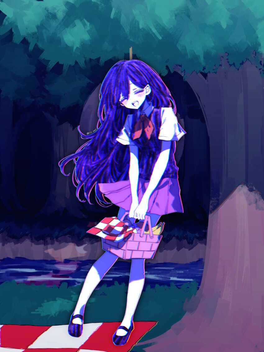 1girl black_shoes blush checkered_blanket closed_eyes collared_shirt colored_skin hanabata0320 highres holding_picnic_basket long_hair mari_(headspace)_(omori) mari_(omori) neckerchief omori open_mouth picnic_basket picnic_blanket pleated_skirt purple_hair purple_sweater_vest red_neckerchief red_skirt shirt shoes short_sleeves skirt smile solo spoilers sweater_vest teeth tree upper_teeth_only when_you_see_it white_shirt white_skin