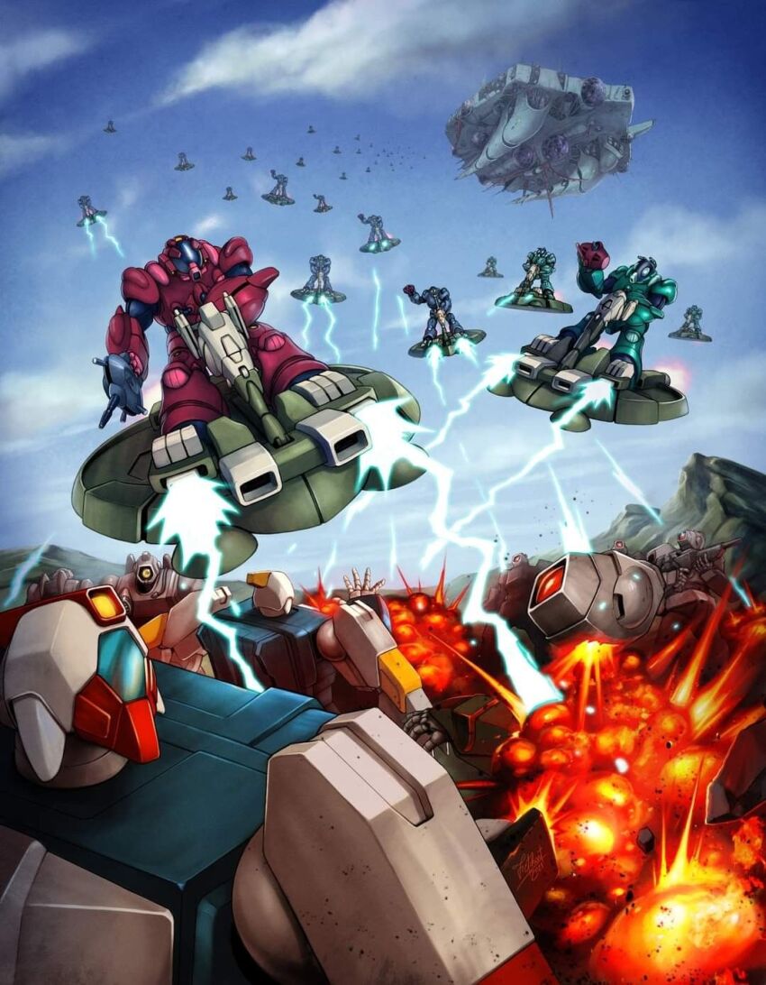 alien artist_request atac battle beam_rifle bioroid choujikuu_kidan_southern_cross cloud destruction energy_cannon energy_gun explosion firing flying highres mecha no_humans official_art promotional_art ray_gun riding robot robotech science_fiction spacecraft spartas weapon zor
