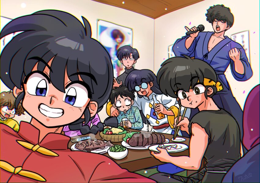 6+boys :d :o :t alcohol architecture artist_name bags_under_eyes beer beer_bottle black_hair black_pants black_shirt blue_eyes blunt_bangs blush bone bowl braid braided_ponytail brown_hair character_request chewing chinese_clothes chopsticks chromatic_aberration coke-bottle_glasses commentary constricted_pupils cup dining_room dress_shirt drink east_asian_architecture eating edamame fish fish_(food) frog_button frown glasses gosunkugi_hikaru grilled_fish grin group_picture hair_between_eyes hakama hakama_pants hibiki_ryouga highres holding holding_chopsticks holding_cup holding_drink holding_microphone holding_plate indian_style indoors japanese_clothes kimono kunou_tatewaki long_hair mandarin_collar microphone mousse_(ranma_1/2) multiple_boys muscular muscular_male music nervous nervous_sweating open_mouth pants parted_lips pectorals plate poster_(object) purple_kimono purple_pants ranma_1/2 red_shirt roast_beef robe rope_belt salad saotome_ranma selfie shirt signature singing single_braid sitting sleeveless sleeveless_shirt smile sweat sweater table tangzhuang tatami teeth toggles torn_clothes torn_sleeves upper_teeth_only wanta_(futoshi) wavy_hair white_robe white_undershirt wooden_ceiling yellow_sweater