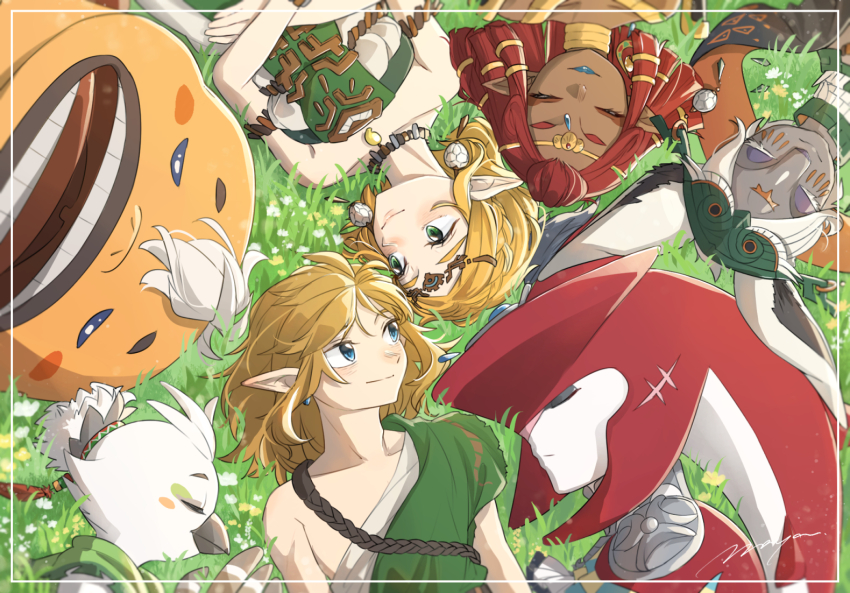 3girls 4boys archaic_set_(zelda) armlet bare_shoulders bird_boy blonde_hair blue_eyes blue_lips blush_stickers circle_formation closed_eyes closed_mouth colored_skin commentary_request dark-skinned_female dark_skin dress earrings facing_another fish_boy gerudo goron green_eyes grey_skin jewelry link looking_at_another lying magatama magatama_necklace maya_(mayamayammy) medium_hair mineru_(zelda) multiple_boys multiple_girls necklace nintendo on_back on_grass open_mouth ponytail princess_zelda red_hair riju rito secret_stone short_hair sidon signature single_bare_shoulder smile strapless strapless_dress teeth the_legend_of_zelda the_legend_of_zelda:_tears_of_the_kingdom tulin_(zelda) yunobo zonai zora