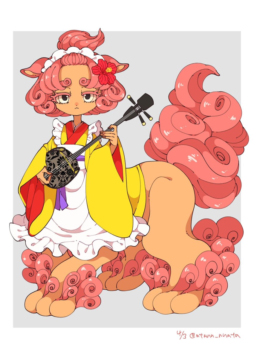 1girl :&lt; animal_ears apron artist_name atann_nnata centauroid closed_mouth colored_skin commentary curly_hair dated floral_print frilled_apron frills highres instrument japanese_clothes kimono looking_at_viewer monster_girl music orange_skin original playing_instrument red_fur red_hair red_tail sanxian_(instrument) short_hair solo standing tail taur thick_eyebrows topknot twitter_username white_apron white_eyes wide_sleeves yellow_kimono