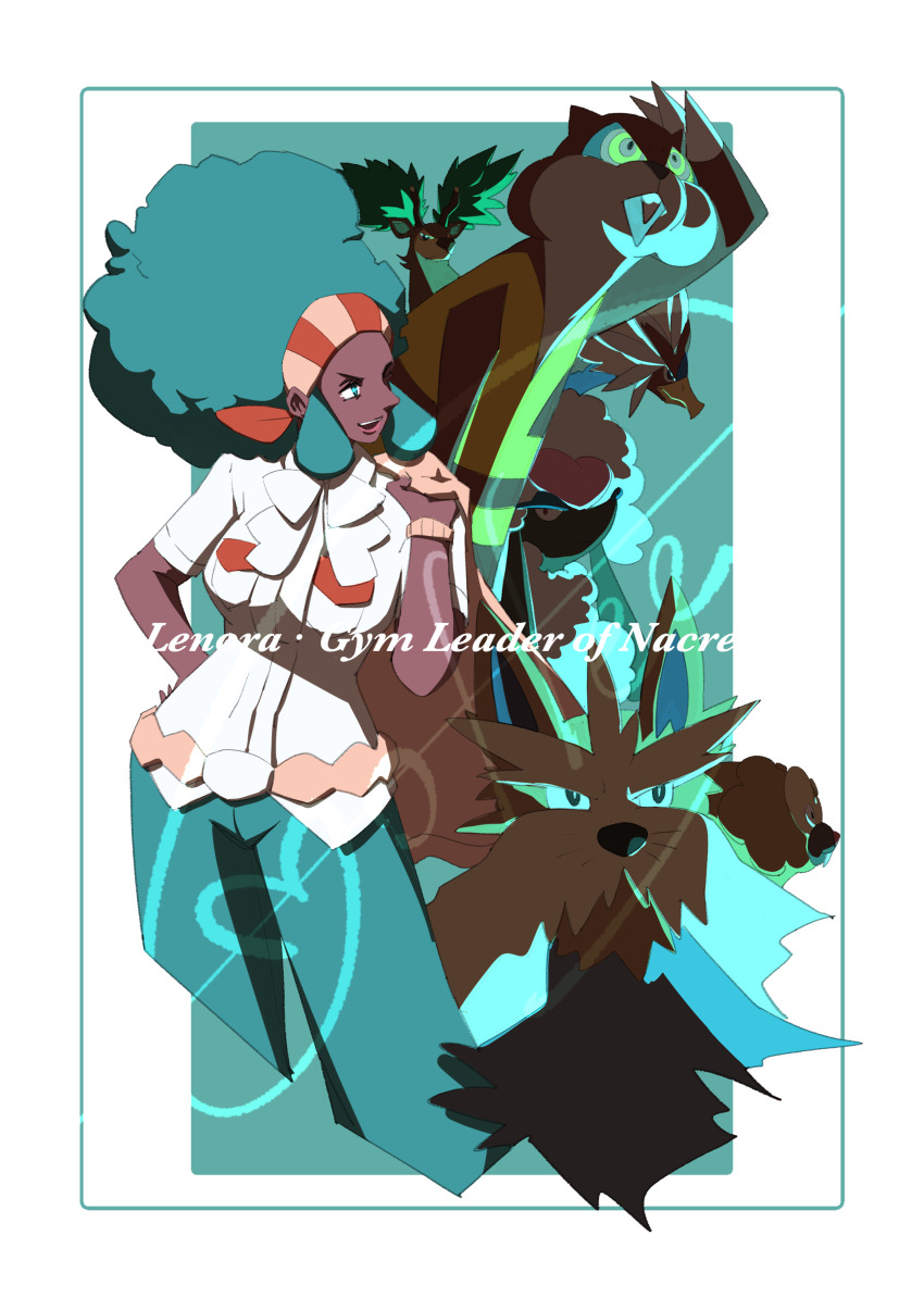 1girl absurdres afro bibarel big_hair border bracelet braviary breasts cccacademia character_name dark-skinned_female dark_skin furfrou gen_4_pokemon gen_5_pokemon gen_6_pokemon green_hair green_pants hairband hand_up highres holding jewelry lenora_(pokemon) looking_to_the_side mixed-language_commentary nintendo open_mouth pants pokemon pokemon_(creature) pokemon_bw sawsbuck shirt short_sleeves signature stoutland teeth upper_teeth_only watchog white_border white_shirt