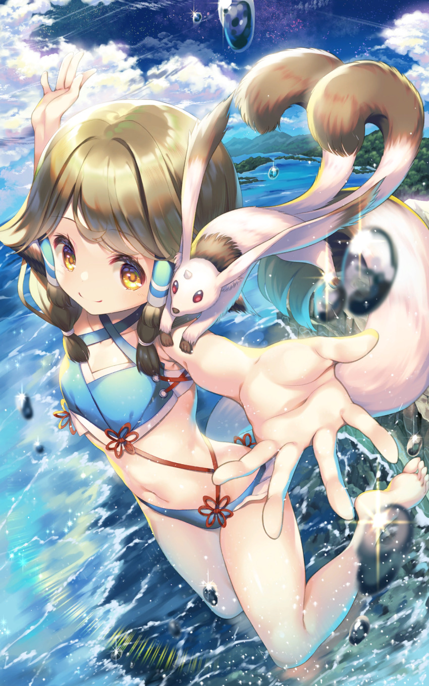 1girl animal animal_ears aquaplus aruruu blue_sky breasts brown_hair closed_mouth cloud cloudy_sky curvy feet from_above from_side full_body gachatara highres kneeling looking_at_another midriff mountain ocean official_art orange_eyes outdoors outstretched_arms raised_eyebrows red_eyes sidelocks sky small_breasts smile spread_arms swimsuit tail thighs tree utawarerumono utawarerumono:_lost_flag water water_drop waves