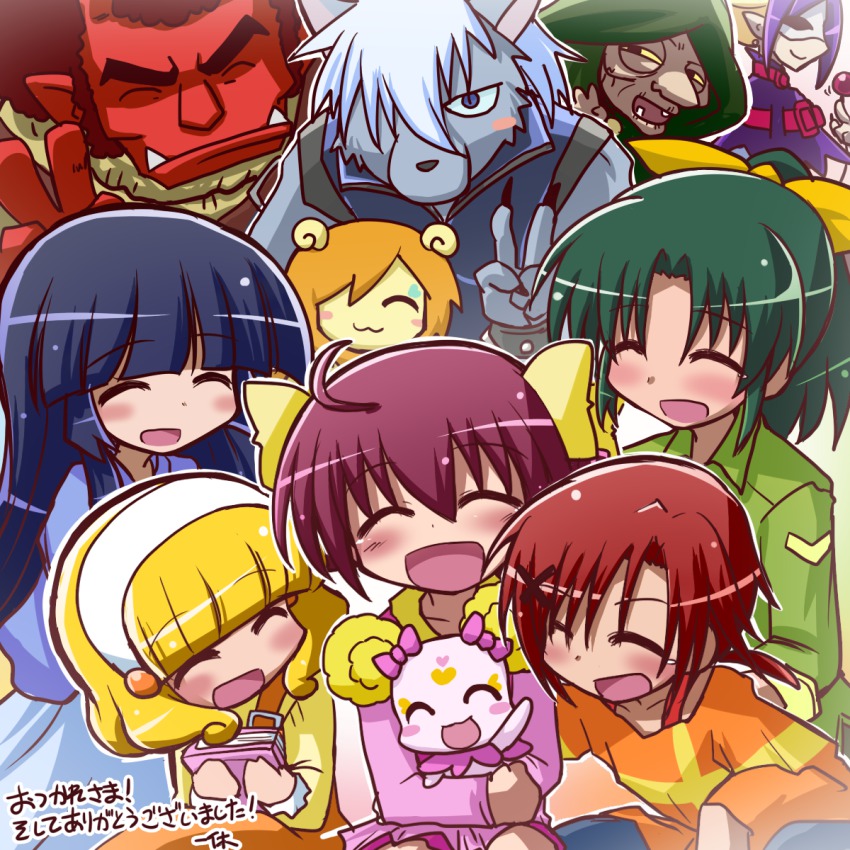 10s 3boys 6+girls akaooni aoki_reika bow candy_(smile_precure!) everyone green_shirt hairband highres hino_akane_(smile_precure!) hoshizora_miyuki ikkyuu joker_(smile_precure!) kise_yayoi majorina md5_mismatch midorikawa_nao multiple_boys multiple_girls orange_shirt pink_bow pop_(smile_precure!) precure shirt smile_precure! v white_hairband wolfrun