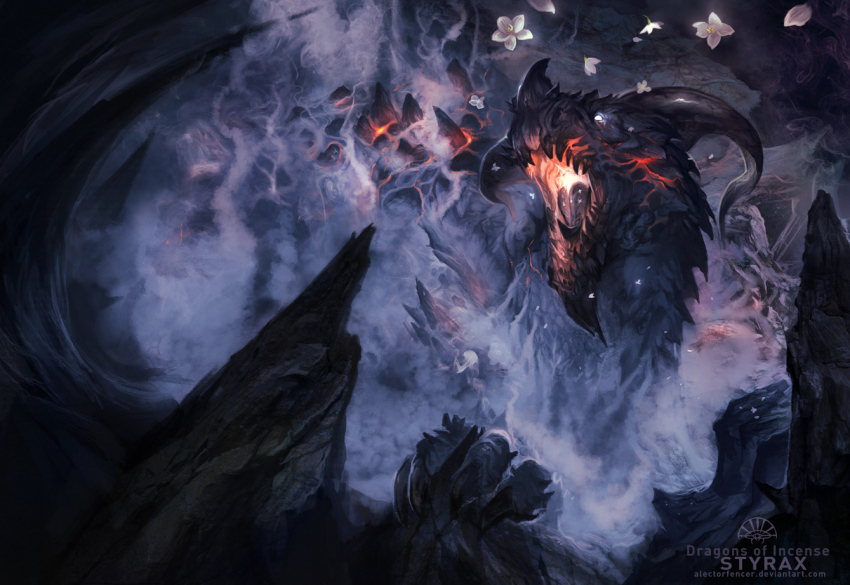 alectorfencer animal_focus black_horns black_teeth black_tongue claws colored_teeth commentary curled_horns dragon english_commentary falling_flower flower from_side glowing_mouth horns monster no_humans open_mouth original pink_flower rock scales sharp_teeth smoke solo stalagmite teeth watermark web_address western_dragon