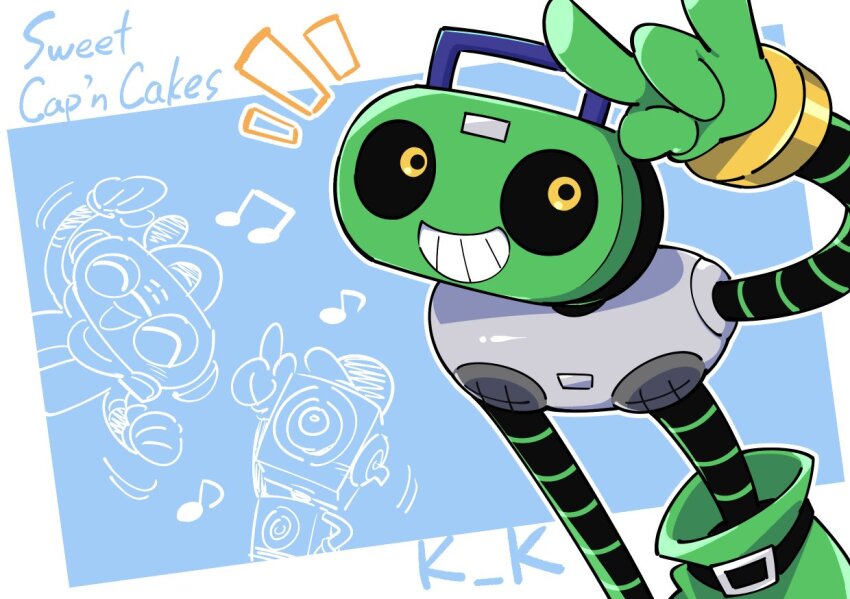 1boy \m/ belt black_belt blurry blurry_background border cap&#039;n_(deltarune) cd_player character_name commentary_request deltarune fewer_digits gloves green_gloves green_pants grin humanoid_robot k_k_(deltarune) looking_at_viewer mechanical_arms musical_note notice_lines outside_border pants robot simple_background smile solo suzumushi_(tanpopo_cha) sweet_(deltarune) white_border yellow_eyes