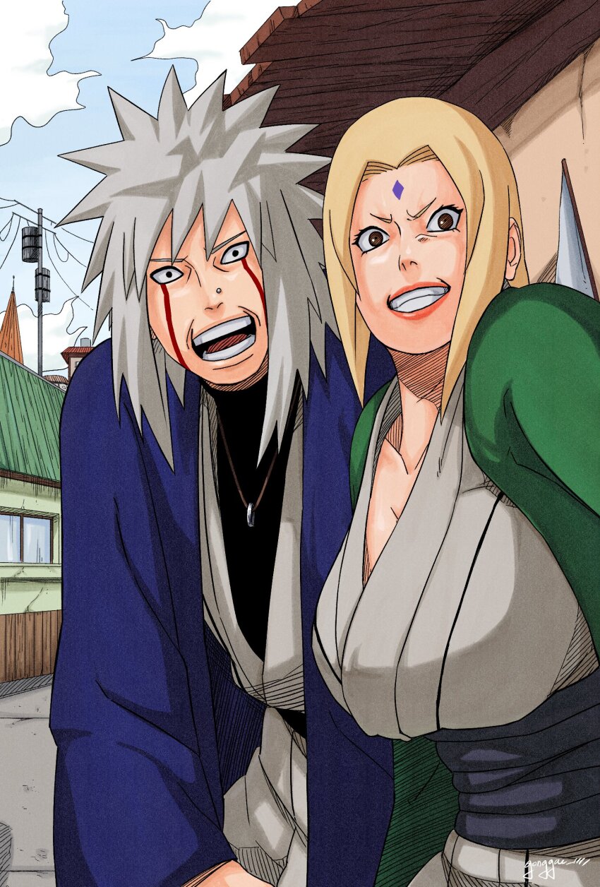 1boy 1girl artist_name blonde_hair collar facial_mark gonggae_1111 highres house jiraiya_(naruto) naruto_(classic) naruto_(series) netorare signature smile tsunade_(naruto) white_hair