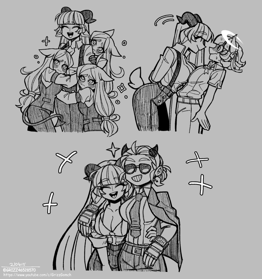 angel animal_ears arm_around_shoulder azazel_(helltaker) baphomet_(grizz) black_horns blind blush cerberus_(helltaker) demon_girl demon_horns demon_tail dog_ears everyone flustered grey_background greyscale grizz group_hug halo happy helltaker highres horns hug jacket jacket_on_shoulders justice_(helltaker) leaning lineart long_hair metal_gloves monochrome multiple_girls original overalls pants red_shirt sharp_teeth shirt short_hair simple_background sketch smile spiked_horns sunglasses tail teeth traditional_halo triplets vanripper_(style) vest white_eyes white_hair white_pants