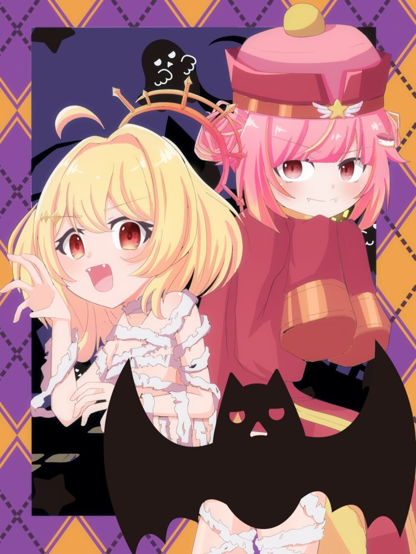 2girls ahoge alternate_costume argyle_background bandages bat_(animal) blonde_hair blunt_bangs blush closed_mouth commentary_request cowboy_shot double_bun fangs fangs_out ghost hair_bun hair_intakes halloween_costume hat highres hinata_mashu hira_hikari jiangshi_costume looking_at_viewer medium_hair multiple_girls mummy_costume nanashi_inc. open_mouth orange_eyes pink_hair pink_hat purple_background qingdai_guanmao red_eyes rokusuke_nonaka short_hair sleeves_past_fingers sleeves_past_wrists virtual_youtuber