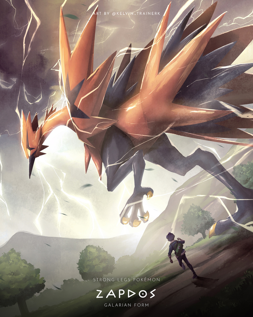 1boy backpack bag character_name commentary copyright_name electricity fur-trimmed_jacket fur_trim galarian_form galarian_zapdos gen_8_pokemon grass green_bag highres hop_(pokemon) jacket kelvin-trainerk legendary_pokemon male_focus nintendo outdoors pants path pokemon pokemon_(creature) pokemon_swsh road shoes short_hair tree twitter_username watermark