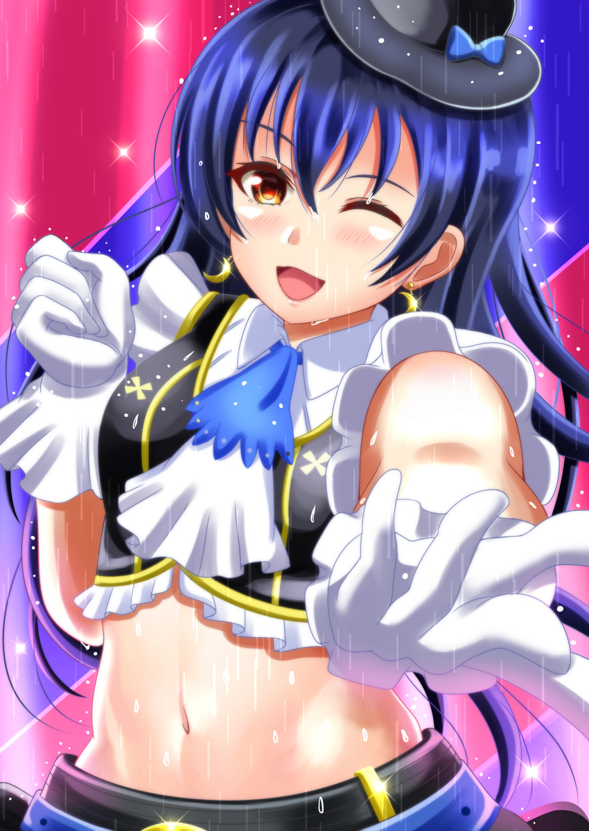 1girl ;) absurdres artist_name artist_request bare_shoulders belt belt_buckle belt_skirt black_hat black_skirt black_vest blue_belt blue_bow blue_hair blue_necktie blue_ribbon blush bow breasts buckle center_frills clenched_hand close-up collared_dress crescent crescent_earrings crescent_moon_symbol dress earrings female_focus frilled_dress frilled_shirt_collar frilled_skirt frills gloves hair_between_eyes hat hat_bow highres jewelry layered_skirt long_hair looking_at_viewer love_live! love_live!_school_idol_festival love_live!_school_idol_project midriff miniskirt moon_earrings navel neckerchief necktie no_brand_girls one_eye_closed outdoors parted_lips plaid_clothes plaid_dress plaid_skirt pleated pleated_dress pleated_skirt rain reaching reaching_towards_viewer ribbon skirt sleeveless sleeveless_dress smile solo sonoda_umi sparkle two-tone_skirt vest white_dress white_gloves white_neckerchief white_skirt wink yellow_eyes