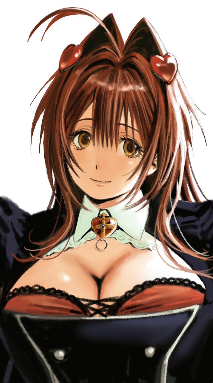 1girl ahoge breasts brown_eyes brown_hair cleavage hair_ears hair_intakes hair_ornament heart heart_hair_ornament highres large_breasts long_hair looking_at_viewer meisharan nanaco_(meisharan) original smile solo