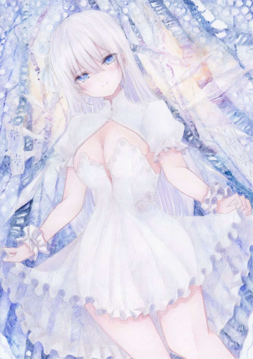 1girl blue_eyes blush breasts cleavage clothes_lift colored_pencil_(medium) darkkanan dress dress_lift highres ice ice_wings lifting_own_clothes long_hair looking_at_viewer original painting_(medium) short_sleeves skirt_hold thighs traditional_media watercolor_(medium) white_dress white_hair wings wrist_cuffs