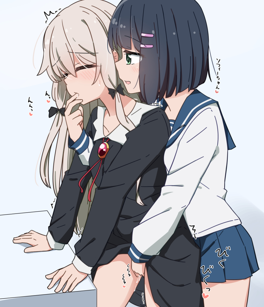 2girls amano_akari black_dress black_hair blue_sailor_collar blue_skirt blush bow dress finger_to_another&#039;s_mouth fingering green_eyes grey_hair hair_bow hands_on_table highres hug hug_from_behind low_twintails miruzawa_akechi multiple_girls sailor_collar school_uniform serafuku shirt skirt sophie_twilight tonari_no_kyuuketsuki-san trembling twintails white_shirt yuri