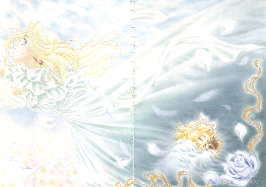 2girls absurdres age_difference aged_up aqua_eyes archived_source artist_name back_ribbon blanket blue_flower blue_petals blue_rose blue_sky bow child closed_eyes closed_mouth crease curtained_hair dress dress_ribbon dual_persona earrings facing_to_the_side field flower flower_field from_side green_dress green_ribbon hair_bow hair_intakes highres iris_chateaubriand jean-paul jewelry long_hair medium_hair multiple_girls official_art okuda_matsuri open_mouth outstretched_arms petals pink_bow profile ribbon rose rose_petals sakura_taisen scan scan_artifacts sega signature sky sleeping stuffed_animal stuffed_toy teddy_bear third-party_source traditional_media wavy_hair