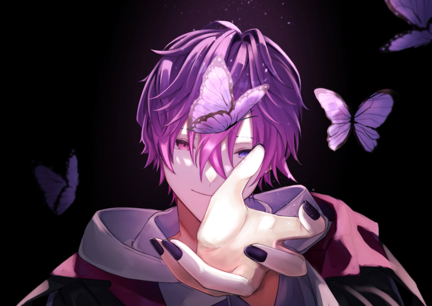 1boy black_coat black_nails bug butterfly closed_mouth coat commentary_request crossed_bangs fingernails gradient_hair grey_hoodie hair_between_eyes hand_up heterochromia hood hood_down hoodie insect looking_at_viewer male_focus multicolored_hair nail_polish nijisanji nijisanji_en off_shoulder outstretched_arm outstretched_hand peridot_(periperi_8) pink_eyes pink_hair purple_butterfly purple_eyes purple_hair short_hair smile solo uki_violeta upper_body virtual_youtuber