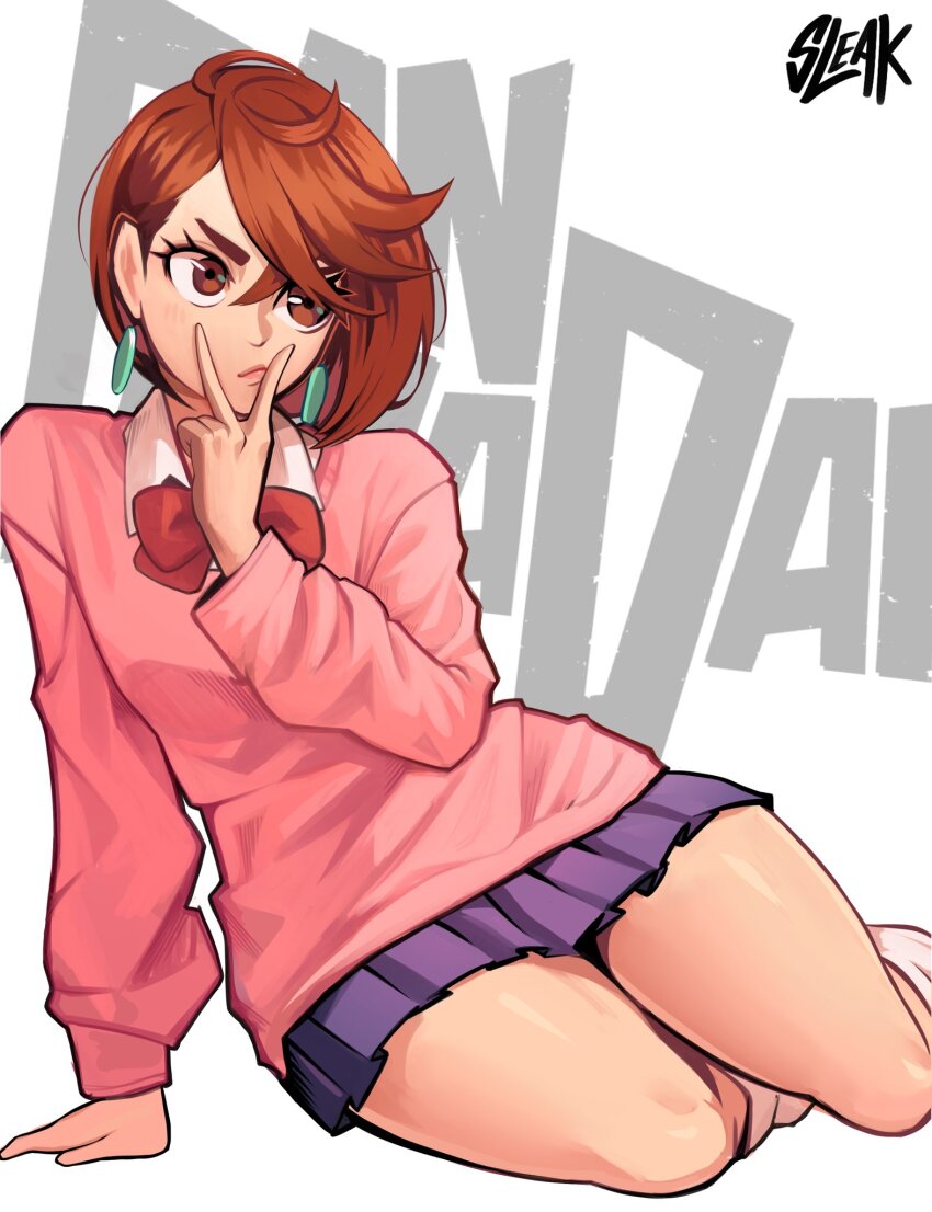 1girl arm_support ayase_momo blue_skirt bow brown_eyes brown_hair copyright_name dandadan earrings highres jewelry loose_socks pink_sweater pleated_skirt red_bow short_hair skirt sleak socks solo sweater v v_over_mouth