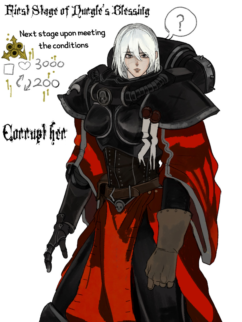 1girl ? absurdres adepta_sororitas armor backpack bag detached_sleeves english_text full_armor gauntlets gloves highres kkghost_tv looking_at_viewer nurgle_(symbol) pauldrons power_armor purity_seal red_sleeves shoulder_armor single_gauntlet solo spoken_question_mark twitter_strip_game warhammer_40k white_hair