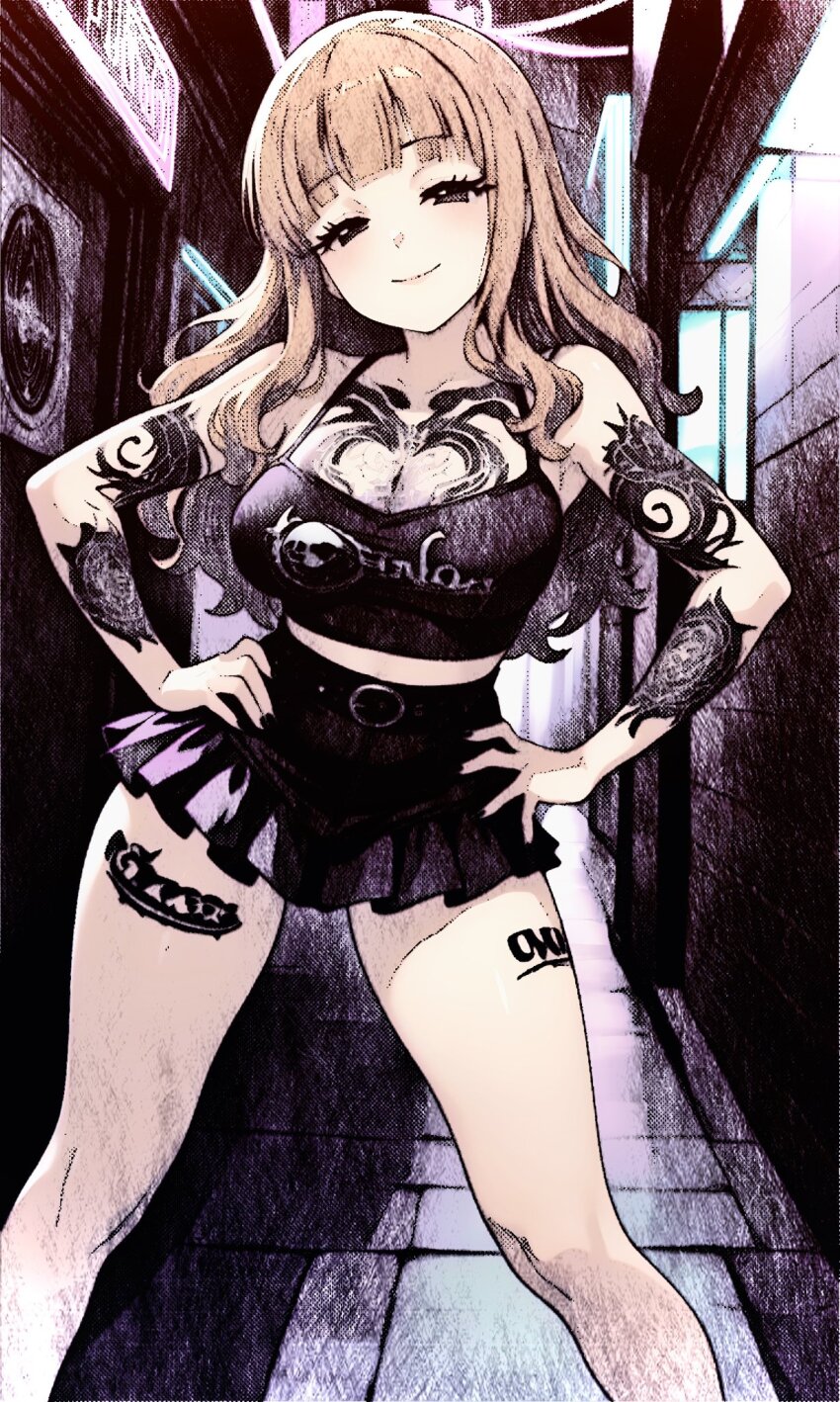 1girl arm_tattoo black_skirt blue_light breast_tattoo breasts brick_floor cleavage girls_und_panzer hand_on_own_hip highres leg_tattoo long_hair looking_at_viewer midriff nail_polish orange_hair shadow skirt smile takebe_saori tattoo thighs zap2000jp