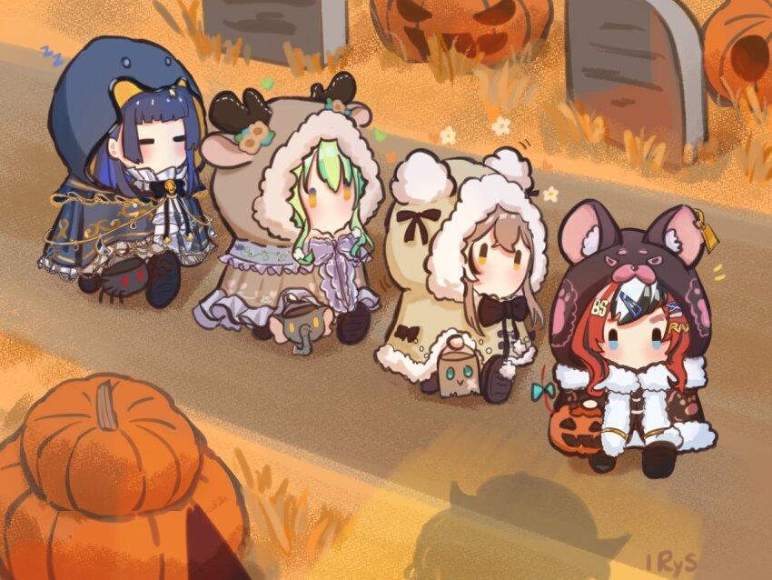 4girls animal_hood autumn bag blue_eyes blue_hair blush brown_hair ceres_fauna ceres_fauna_(jirai_kei) chibi cloak commentary english_commentary flower friend_(nanashi_mumei) fur_trim grave green_hair hairpin hakos_baelz hakos_baelz_(casual) halloween halloween_bucket holding holding_bag hololive hololive_english hood hood_up hooded_cloak irys_(hololive) long_hair mouse_girl mouse_tail multicolored_hair multiple_girls multiple_hairpins nanashi_mumei nanashi_mumei_(casual) no_mouth no_nose official_alternate_costume ouro_kronii ouro_kronii_(casual) pumpkin red_hair ribbon shadow sleepwalking sytiny tail tail_ornament tail_ribbon trick_or_treat virtual_youtuber walking white_hair yellow_eyes zzz
