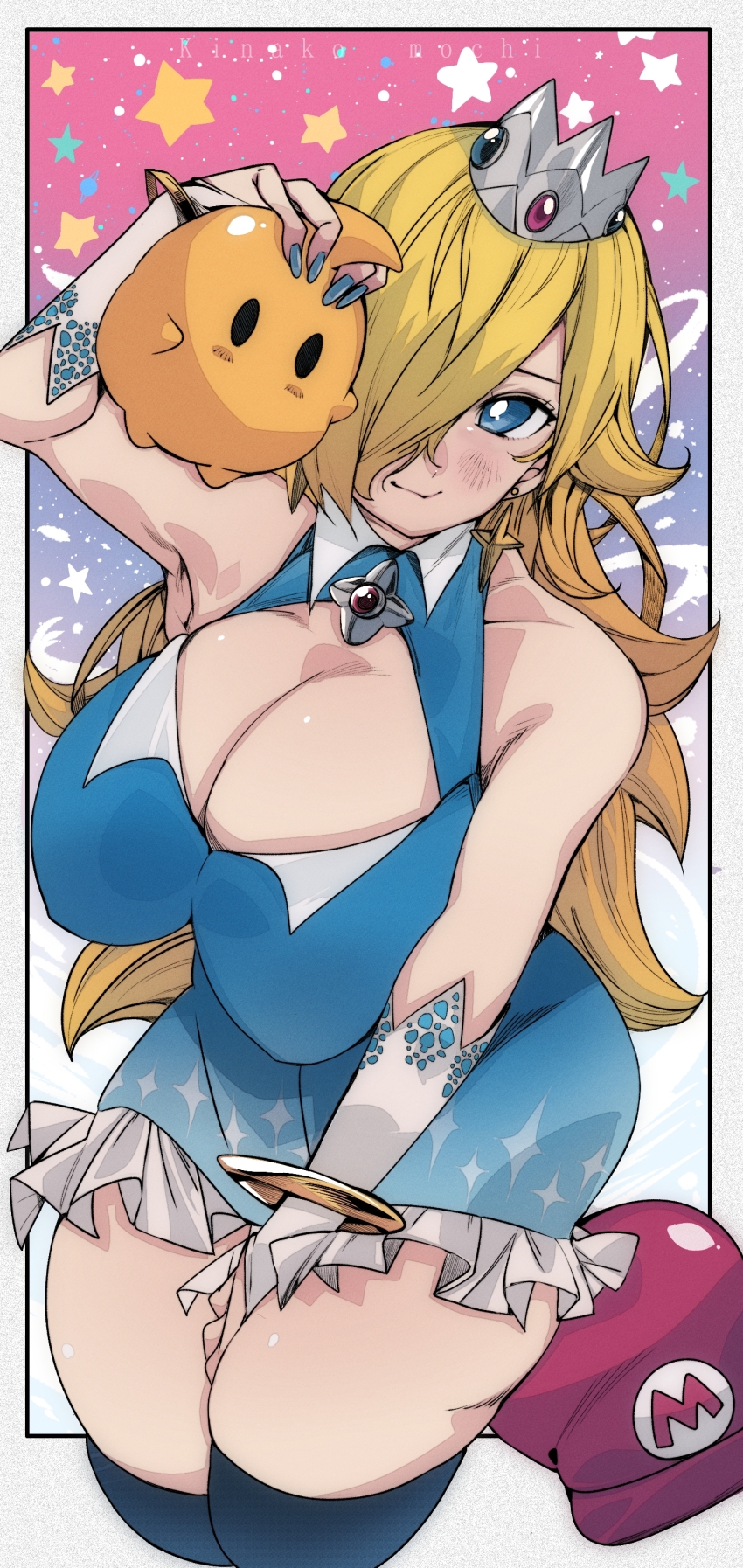 1girl absurdres alien black_eyes black_thighhighs blonde_hair blue_background blue_dress blue_eyes blue_nails blush bracelet breasts brooch cleavage cleavage_cutout clothing_cutout crown dress earrings fingerless_gloves gloves gradient_background hair_over_one_eye hand_on_another&#039;s_head hat highres jewelry kinakomochi_(user_vedc2333) large_breasts long_hair looking_at_viewer luma_(mario) mario mario_(series) multicolored_hair nintendo pink_background planet princess print_dress red_hat rosalina saturn_(planet) sky sleeveless sleeveless_dress smile space sparkle_print standing star_(sky) star_(symbol) star_brooch star_earrings star_symbol_background starry_sky super_mario_galaxy thick_thighs thighhighs thighs two-tone_hair unworn_hat unworn_headwear white_gloves