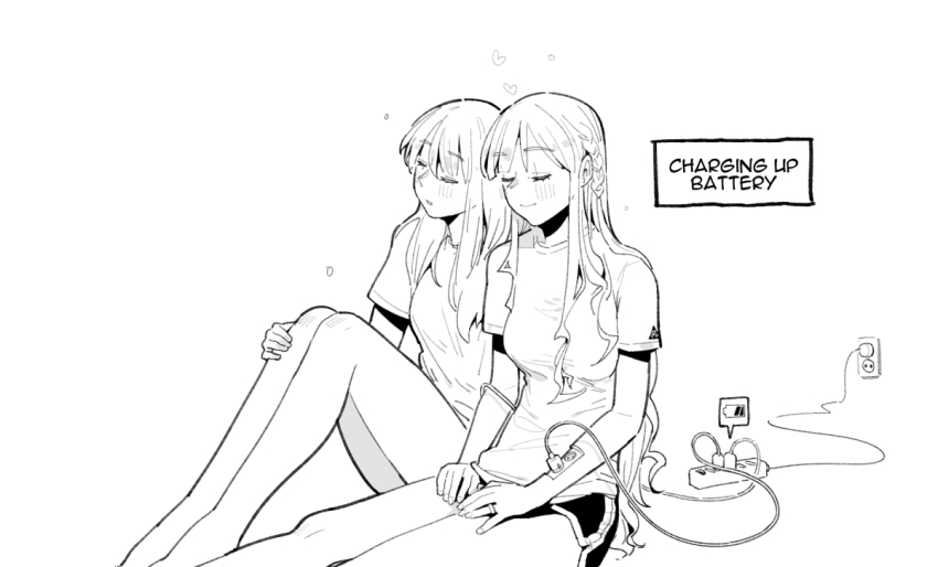 2girls ak-12_(girls&#039;_frontline) an-94_(girls&#039;_frontline) blush braid breasts closed_eyes english_text girls&#039;_frontline greyscale heart huqu long_hair mechabare medium_breasts monochrome multiple_girls power_strip shorts simple_background sitting sleeping smile white_background