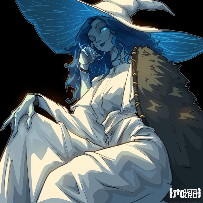 1girl artist_name blue_eyes blue_hair brown_cloak cloak closed_mouth commentary doll_joints dress elden_ring english_commentary extra_arms extra_faces fur_cloak fur_trim hat highres joints large_hat long_hair mustakro6 one_eye_closed ranni_the_witch sitting smile solo white_dress white_hat wide_sleeves witch witch_hat