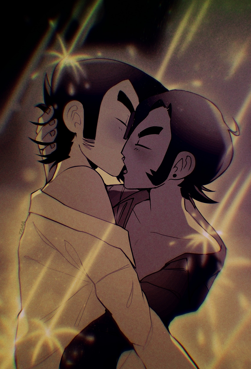 2boys about_to_kiss blush closed_eyes collarbone collared_shirt commentary dark-skinned_male dark_skin ear_piercing existenc3 furrowed_brow gideon_graves greyscale hair_over_one_eye hand_on_another&#039;s_head highres long_sleeves male_focus matthew_patel monochrome multiple_boys off-shoulder_shirt off_shoulder open_clothes open_mouth open_shirt piercing scott_pilgrim_(series) scott_pilgrim_takes_off shirt short_hair tongue tongue_out upper_body yaoi