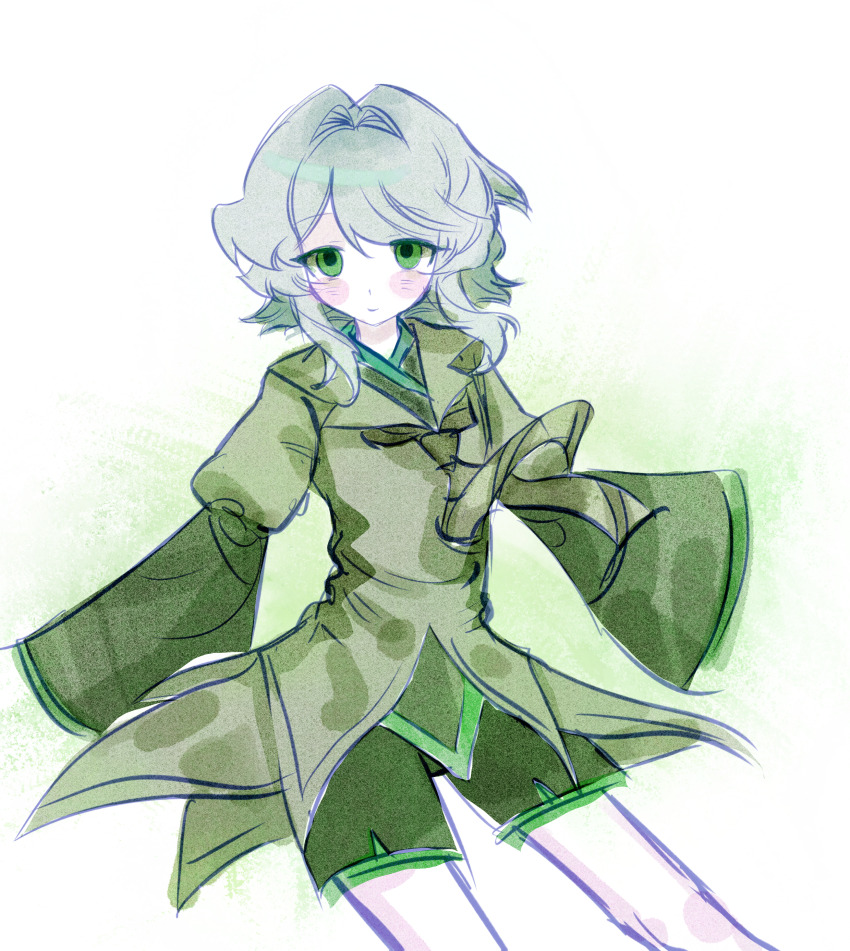 1other absurdres androgynous ascot bingkuaihei black_kimono black_shirt black_shorts blush_stickers brown_ascot brown_coat closed_mouth coat green_trim grey_eyes grey_hair hair_intakes highres houlen_yabusame japanese_clothes kimono layered_sleeves len&#039;en long_sleeves medium_hair other_focus puffy_short_sleeves puffy_sleeves shirt short_over_long_sleeves short_sleeves shorts sketch sleeves_past_fingers sleeves_past_wrists solo wide_sleeves