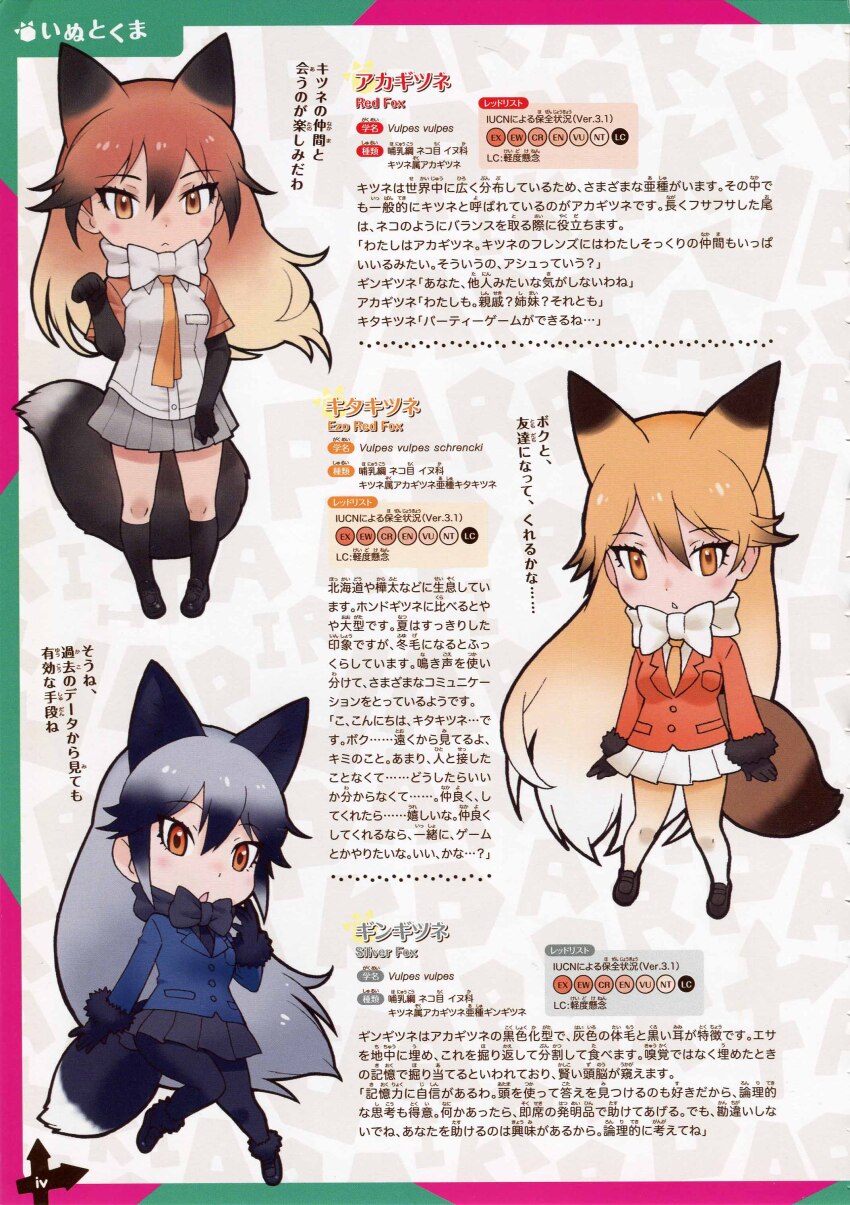 3girls brown_hair ezo_red_fox_(kemono_friends) grey_hair kemono_friends looking_at_viewer multiple_girls official_art red_fox_(kemono_friends) red_hair silver_fox_(kemono_friends) simple_background yoshizaki_mine