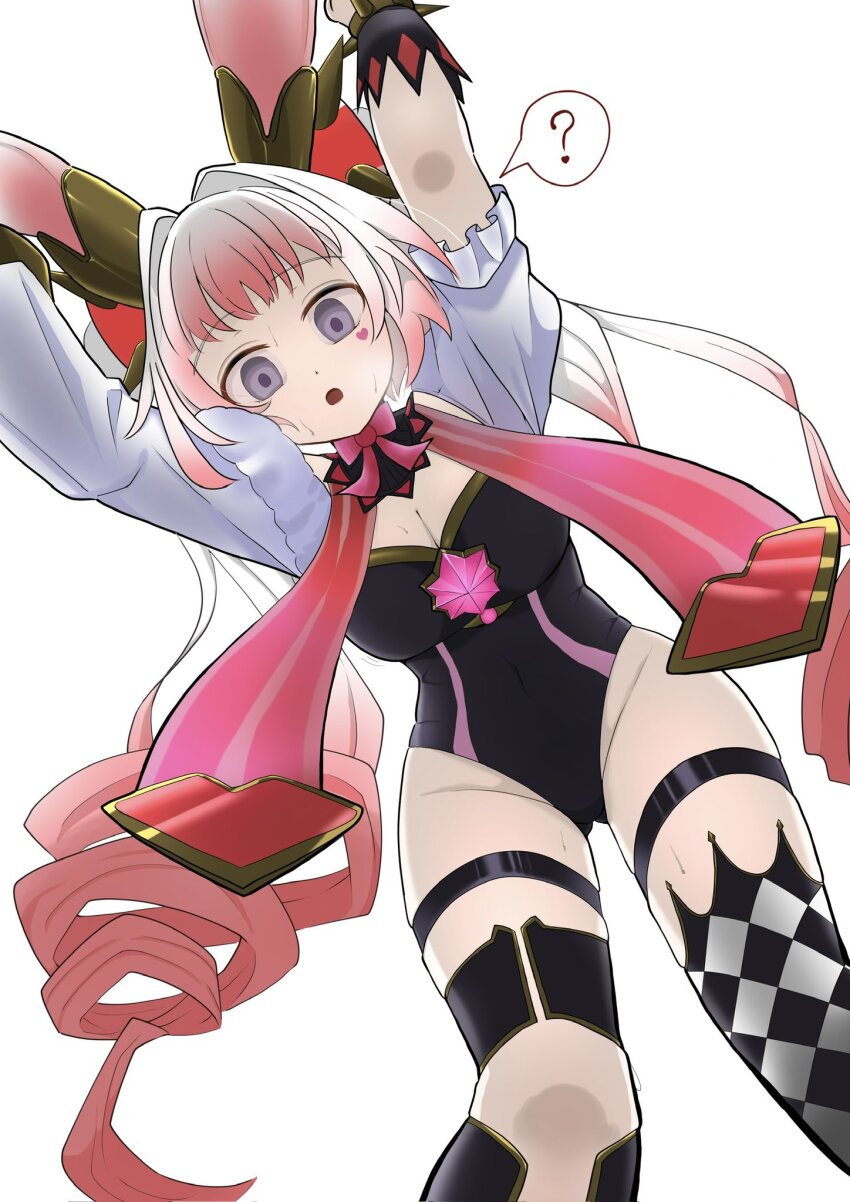 1girl ? animal_ears arms_up asymmetrical_clothes asymmetrical_legwear black_leotard bow bowtie breasts checkered_clothes checkered_legwear cleavage duel_monster from_below hairband highres large_breasts leotard looking_down maliss_&lt;p&gt;_white_rabbit multicolored_hair open_mouth pink_bow pink_bowtie purple_eyes rabbit_ears rabbit_girl short_sleeves simple_background solo speech_bubble spiked_hairband spiked_wristband spikes sweat thigh_strap twintails two-tone_hair white_background wide-eyed wize_(adklahniehov6ib) yu-gi-oh!