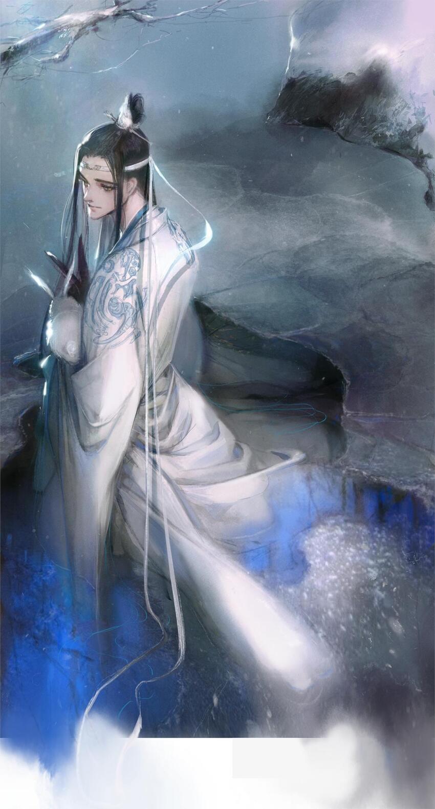 1boy animal black_hair branch chinese_clothes didbub1 hanfu headband highres holding holding_animal korean_commentary lan_wangji long_hair long_sleeves male_focus modao_zushi rabbit robe sitting snow solo topknot water white_hanfu white_headband white_robe wide_sleeves xiao_guan_(headdress) yellow_eyes
