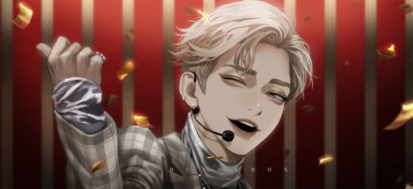 1boy aegyo_sal artist_name blackbox_(blackbox9158) blonde_hair bow brown_eyes commentary_request confetti grey_sleeves headpiece jacket jewelry joshua_(seventeen) k-pop korean_commentary layered_sleeves long_sleeves male_focus music one_eye_closed open_clothes open_jacket open_mouth plaid_clothes plaid_jacket plaid_sleeves portrait real_life red_bow red_lips ring seventeen_(group) shirt short_hair singing sleeves_past_wrists smile solo striped_background teeth thick_eyebrows turtleneck turtleneck_shirt upper_teeth_only white_shirt