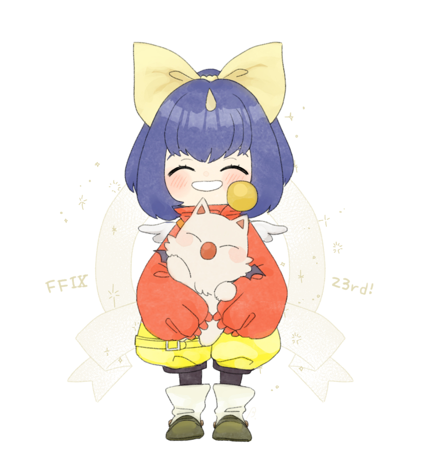 1girl bebe_0620 bow closed_eyes eiko_carol facing_viewer final_fantasy final_fantasy_ix full_body grin happy highres horns long_sleeves moogle overalls short_hair simple_background single_horn sleeves_past_fingers sleeves_past_wrists smile white_background wings yellow_bow yellow_overalls