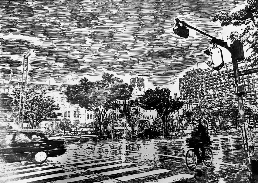 absurdres ambiguous_gender ballpoint_pen_(medium) bicycle building car city commentary_request greyscale hatching_(texture) highres japan kyoto monochrome motor_vehicle original pen_(medium) real_world_location riding riding_bicycle road scenery street traditional_media traffic_light tree user_nnxt5288