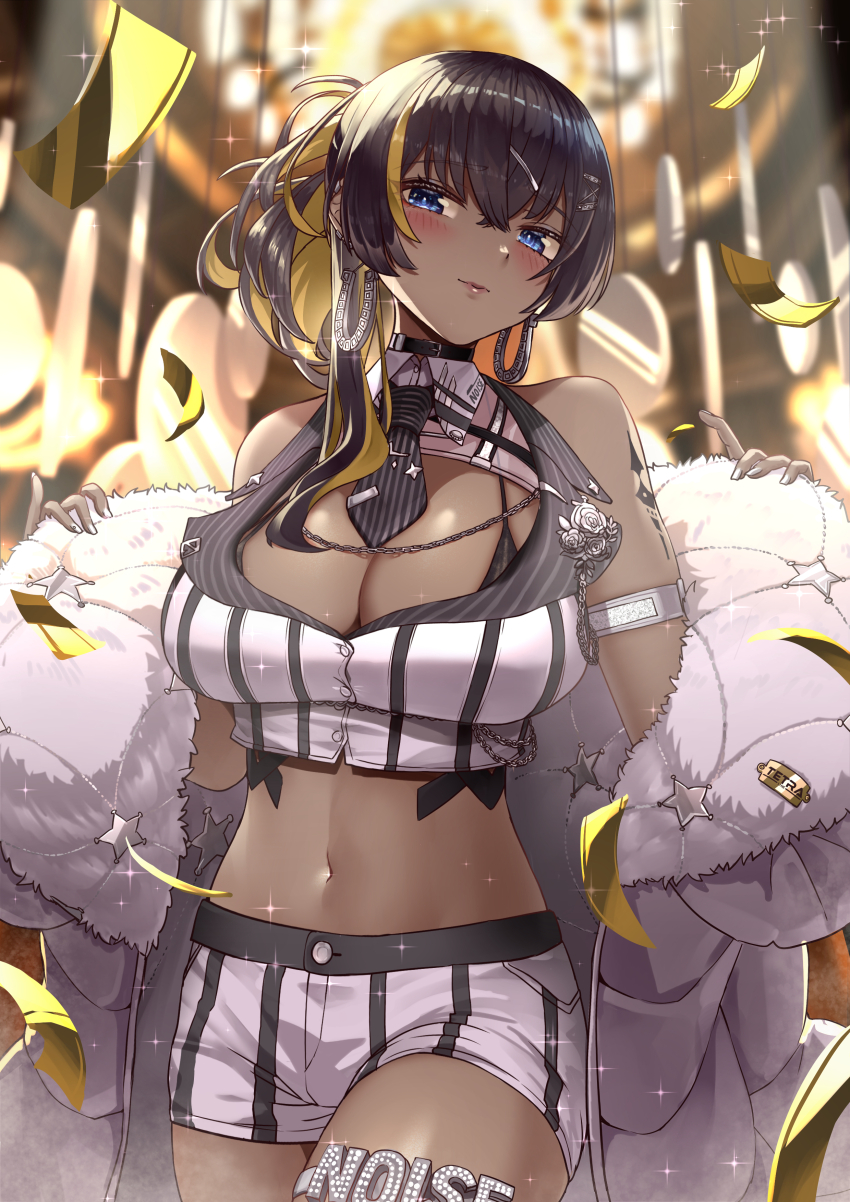 1girl absurdres bare_shoulders between_breasts black_bra black_hair black_necktie blonde_hair blue_eyes bra bra_peek breasts character_name cleavage coat colored_inner_hair cowboy_shot dark-skinned_female dark_skin fur-trimmed_coat fur_trim goddess_of_victory:_nikke highres horseshoe_earrings jewelry koizumike large_breasts looking_at_viewer midriff multicolored_hair navel necktie necktie_between_breasts noise_(classic_diva)_(nikke) noise_(nikke) official_alternate_costume open_clothes open_coat puffy_coat shirt shorts sleeveless striped_clothes striped_shorts two-tone_hair underwear vertical-striped_clothes vertical-striped_necktie vertical-striped_shorts white_coat white_shirt