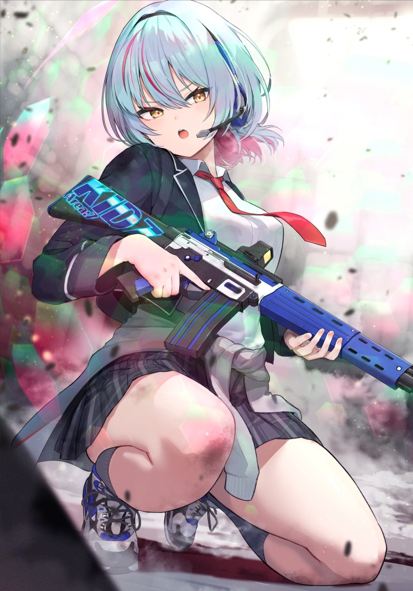 1girl assault_rifle black_jacket black_skirt black_socks blazer breasts clothes_around_waist collared_shirt colored_inner_hair commentary copyright_request debris dirty dress_shirt energy_barrier energy_shield eotech floating_hair floating_neckwear grey_hair grey_sweater gun hair_between_eyes headset highres holding holding_gun holding_weapon howa_type_89 isegawa_yasutaka jacket kneehighs looking_at_viewer medium_breasts microphone multicolored_hair necktie on_one_knee open_clothes open_jacket open_mouth plaid_clothes plaid_skirt pleated_skirt red_hair red_necktie red_pupils rifle school_uniform shirt shoes skirt smoke sneakers socks solo streaked_hair sweater sweater_around_waist symbol-only_commentary teeth tongue trigger_discipline two-tone_hair upper_teeth_only v-shaped_eyebrows weapon weapon_request white_shirt yellow_eyes