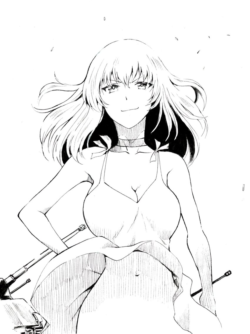 bow breasts choker cleavage collarbone girls_und_panzer highres itsumi_erika long_hair monochrome navel neon_genesis_evangelion parody sawamin skirt smirk souryuu_asuka_langley tank_turret wind