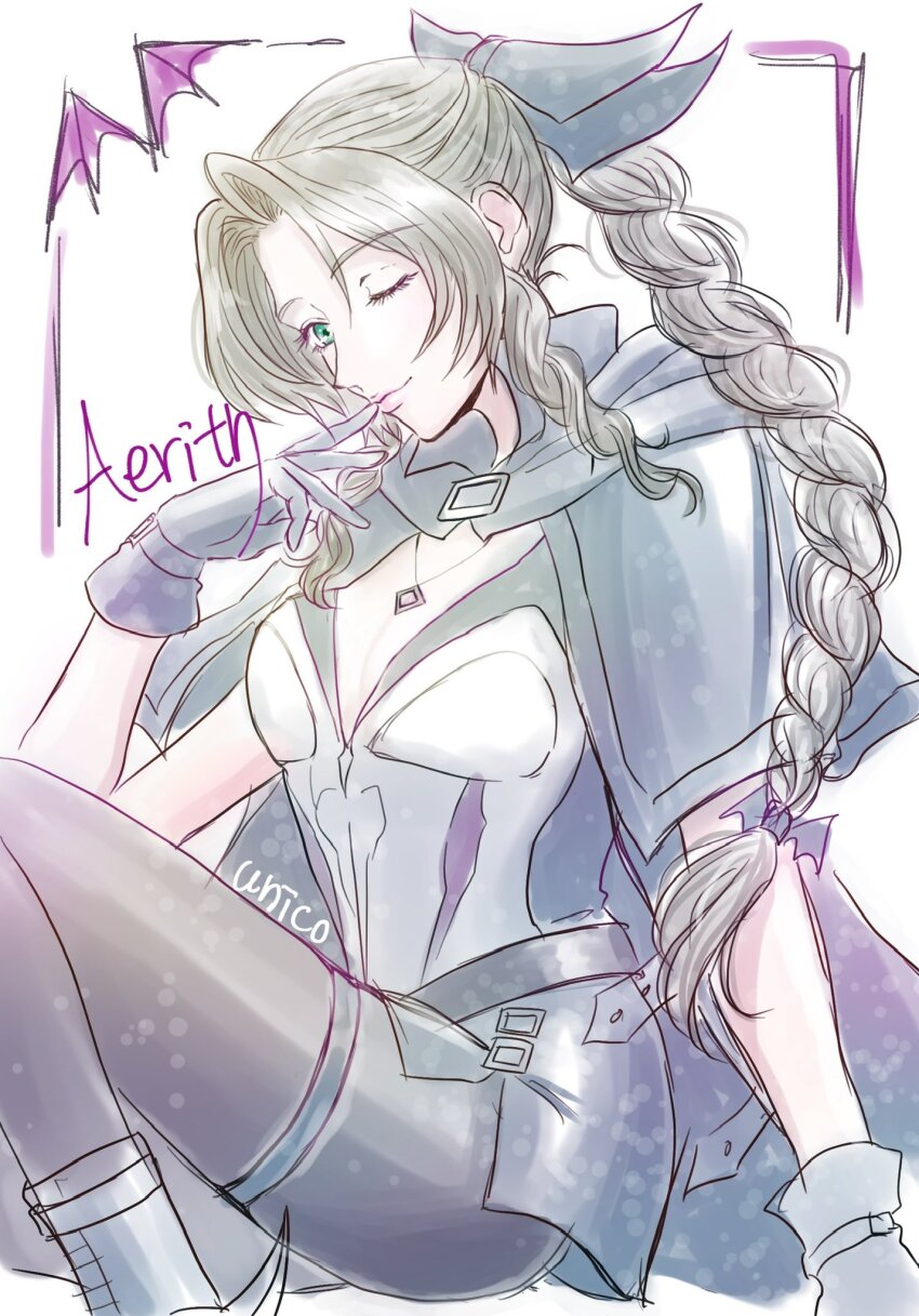 1girl aerith_gainsborough aerith_gainsborough_(bahamut_robe) artist_name bat_(animal) black_capelet black_footwear black_gloves black_pantyhose black_ribbon black_shorts braid braided_ponytail breasts brown_hair capelet character_name closed_mouth feet_out_of_frame final_fantasy final_fantasy_vii final_fantasy_vii_ever_crisis gloves green_eyes hair_ribbon highres jewelry long_hair medium_breasts necklace official_alternate_costume one_eye_closed pantyhose parted_bangs ribbon sdsbtfl shorts sidelocks single_braid solo thigh_strap upper_body