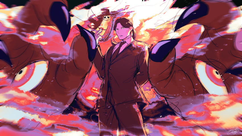 1boy absurdres blacklist_(yomi_no_tsugai) claws fiery_background fire formal_clothes gradient_eyes highres holding holding_paper kuroya_fuyuki long_sleeves looking_at_viewer manuscript_paper mature_male multicolored_eyes necktie pants paper ponytail senju_fukami suit yomi_no_tsugai