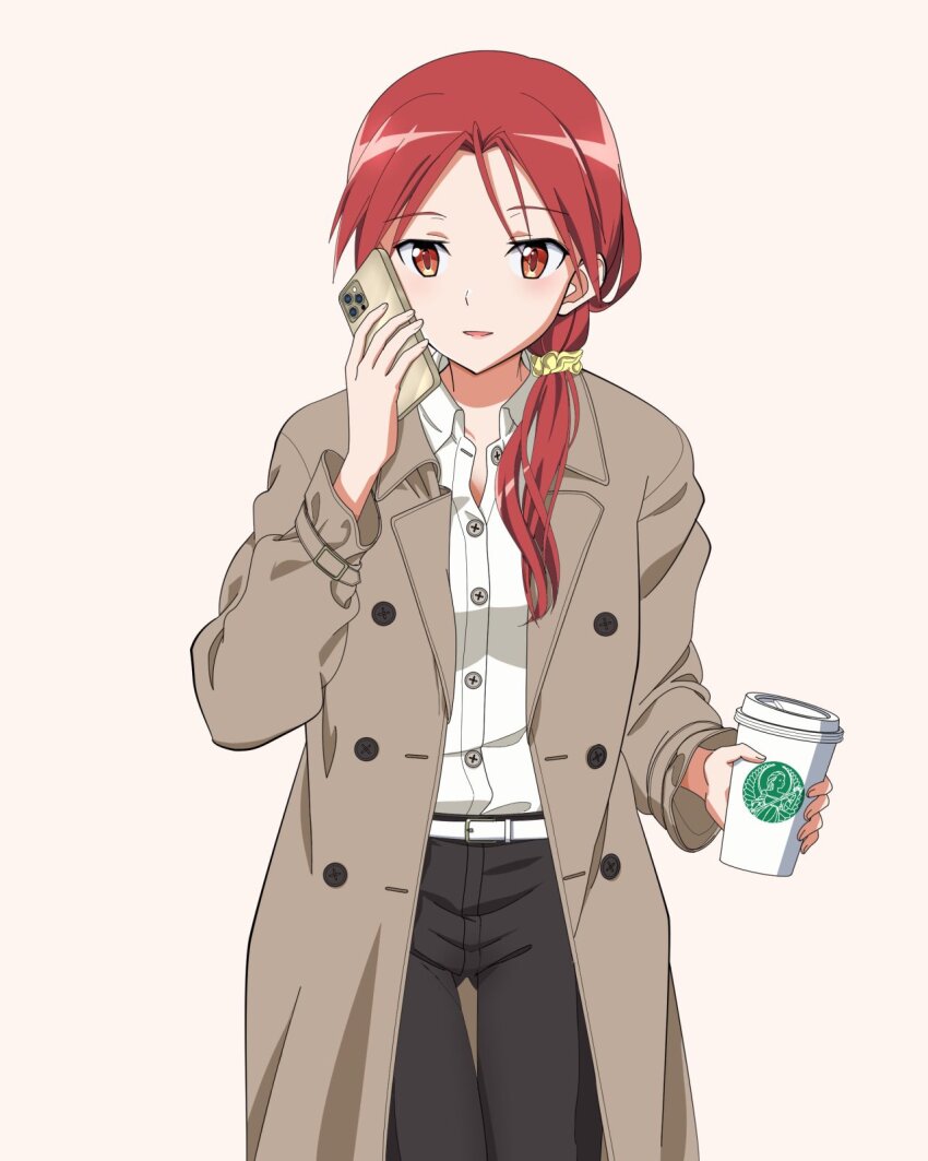 1girl alternate_costume belt braid cellphone coat coffee highres kaneko_(novram58) minna-dietlinde_wilcke pants phone red_eyes red_hair shirt simple_background standing strike_witches white_shirt world_witches_series