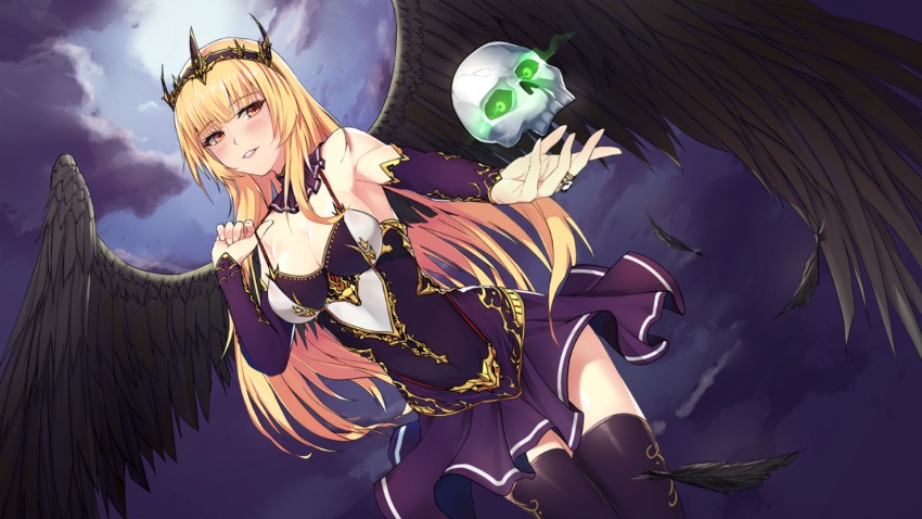 1girl bare_shoulders bernice_(fist_of_love) black_clouds black_dress black_thighhighs black_wings blonde_hair blush breasts bridal_gauntlets cleavage cloud cloudy_sky collarbone cowboy_shot crown detached_collar dress eyelashes eyes_visible_through_hair feathered_wings feathers female_focus fingernails fist_of_love game_cg gold_trim hand_up highres large_breasts legs_together long_hair looking_at_viewer medium_breasts night outstretched_hand shiny_skin skull sky smile solo spread_wings standing strapless strapless_dress thighhighs wings yellow_eyes yusan