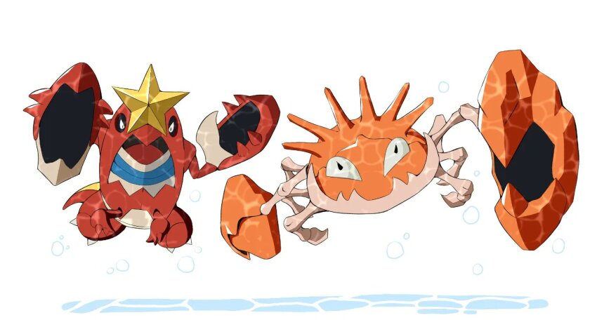 black_eyes bubble closed_mouth commentary crawdaunt gen_1_pokemon gen_3_pokemon kingler looking_at_viewer nintendo no_humans open_mouth pokemon pokemon_(creature) pokemon_focus psaber97 tongue white_background