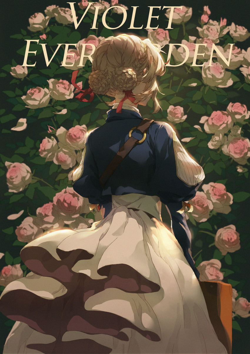 1girl backlighting belt blonde_hair blue_jacket braid braided_bun brown_belt bush character_name clothing_cutout collared_dress collared_jacket copyright_name double_bun dress facing_away feet_out_of_frame floating_hair flower from_behind hair_bun hair_ribbon highres jacket juliet_sleeves keng_keng_zi layered_dress leaf long_dress long_sleeves multicolored_flower multicolored_rose outdoors pink_flower pink_rose puffy_sleeves red_ribbon ribbon rose rose_bush solo standing suitcase sunlight v_arms violet_evergarden violet_evergarden_(series) white_dress